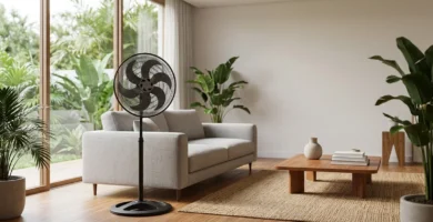 Ventilador de coluna Ventisol Turbo 6 50cm preto com 6 pás em sala de estar moderna
