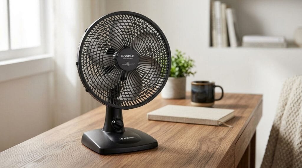 Ventilador de mesa 30cm Mondial Super Power VSP-30-B 60W preto com 6 pás prata sobre mesa de madeira em ambiente residencial de home office