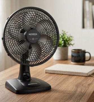 Ventilador de mesa 30cm Mondial Super Power VSP-30-B 60W preto com 6 pás prata sobre mesa de madeira em ambiente residencial de home office