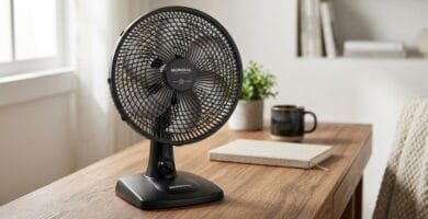 Ventilador de mesa 30cm Mondial Super Power VSP-30-B 60W preto com 6 pás prata sobre mesa de madeira em ambiente residencial de home office