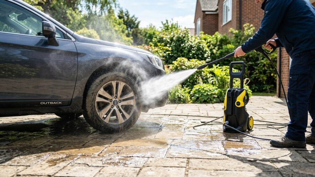 WAP Ousada Plus 2200 vs Kärcher K3: lavadora de alta pressão lavando calçada e carro em ambiente residencial