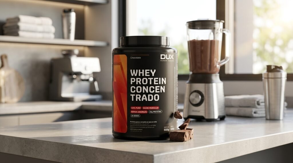 Whey concentrado DUX vale a pena pote 900g sabor chocolate em bancada moderna