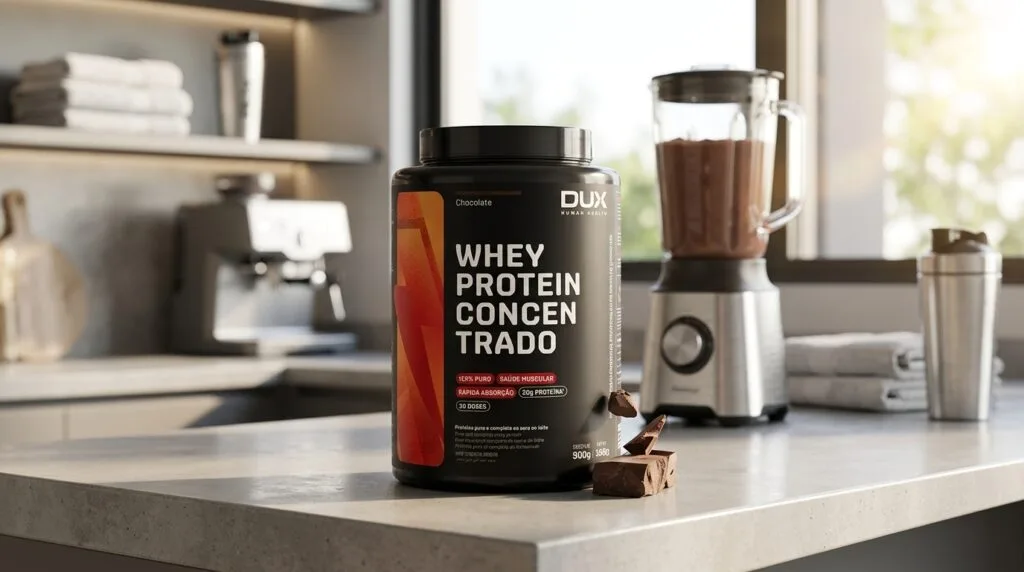 Whey concentrado DUX vale a pena pote 900g sabor chocolate em bancada moderna