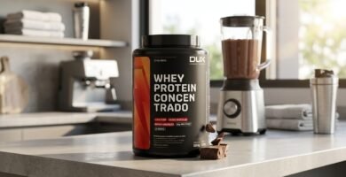 Whey concentrado DUX vale a pena pote 900g sabor chocolate em bancada moderna