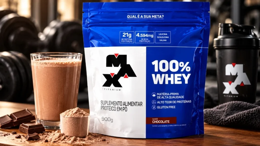 100% Whey Max Titanium 900g sabor chocolate refil com dosador e shake proteico