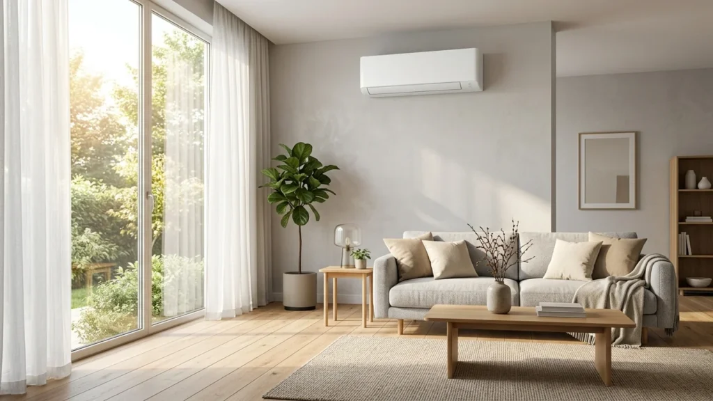 melhor ar condicionado inverter instalado em sala de estar moderna e iluminada