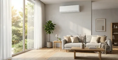 melhor ar condicionado inverter instalado em sala de estar moderna e iluminada