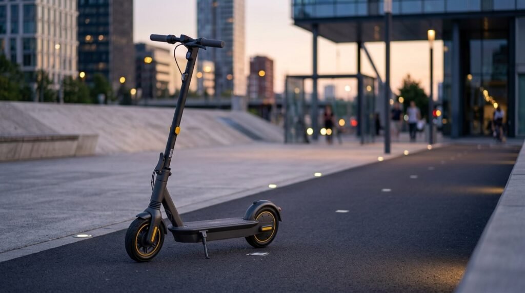 Patinete elétrico adulto premium estacionado em ciclovia urbana moderna ao entardecer