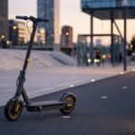 Patinete elétrico adulto premium estacionado em ciclovia urbana moderna ao entardecer