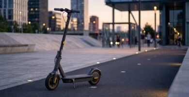 Patinete elétrico adulto premium estacionado em ciclovia urbana moderna ao entardecer
