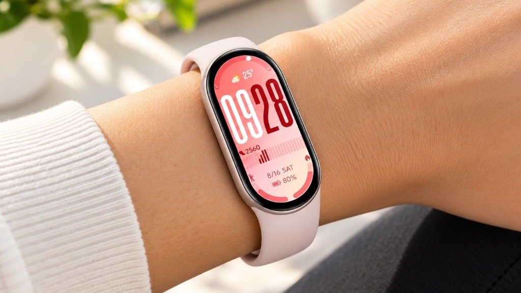 Xiaomi Smart Band 10 no pulso com tela AMOLED em proporção 16:9